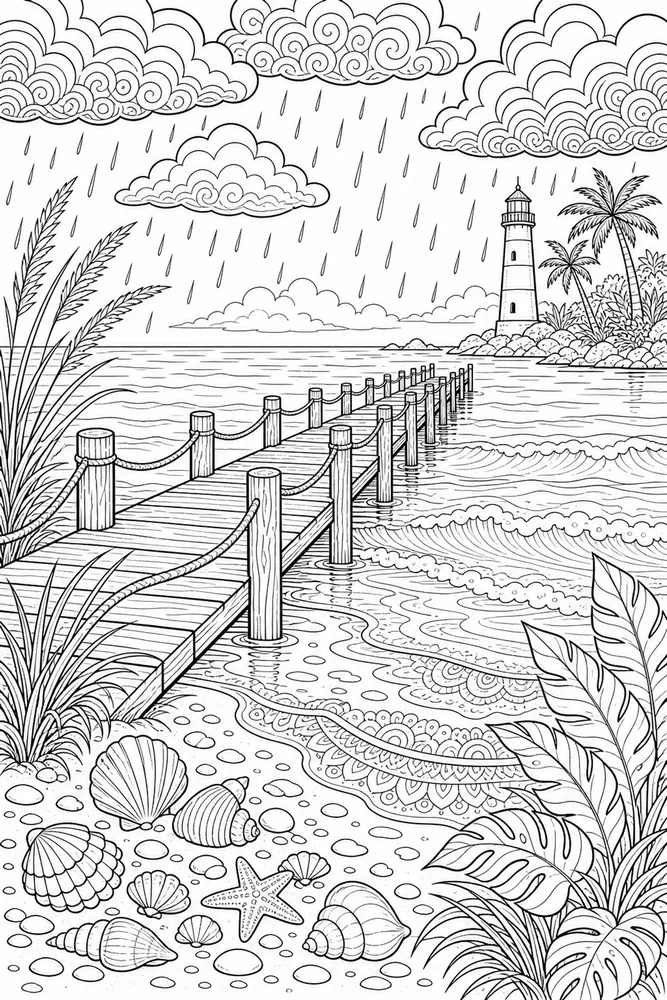 Adult Beach Rainy Beach Pier printable coloring page