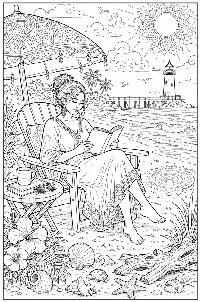 Adult Beach Reading printable coloring page
