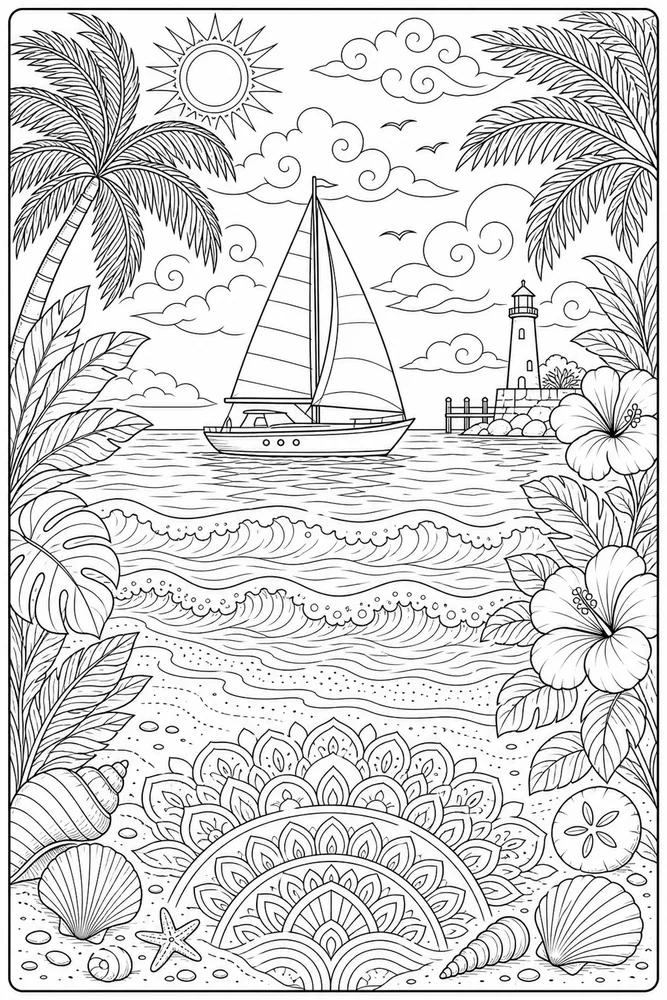 Adult Beach Sailboat Beach Horizon printable coloring page