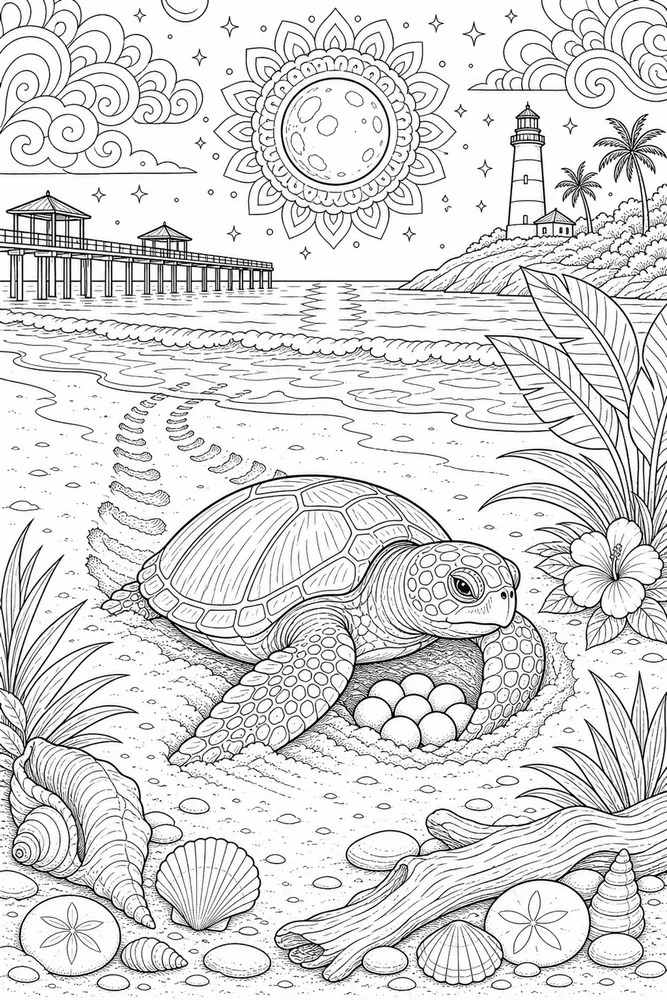 Adult Beach Sea Turtle Beach Nesting printable coloring page