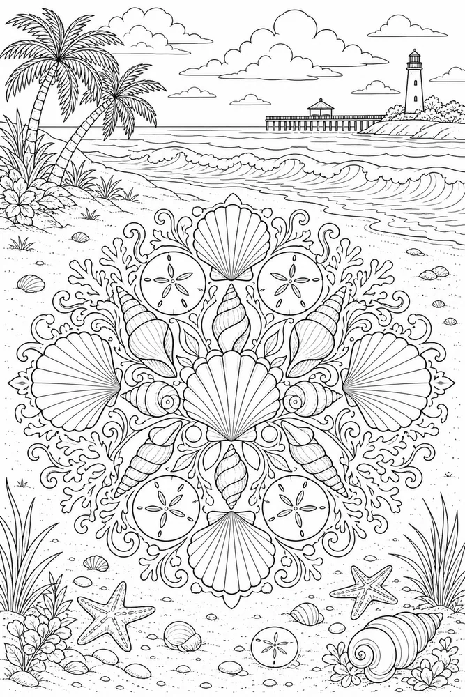 Adult Beach Seashell Mandala on Shore printable coloring page