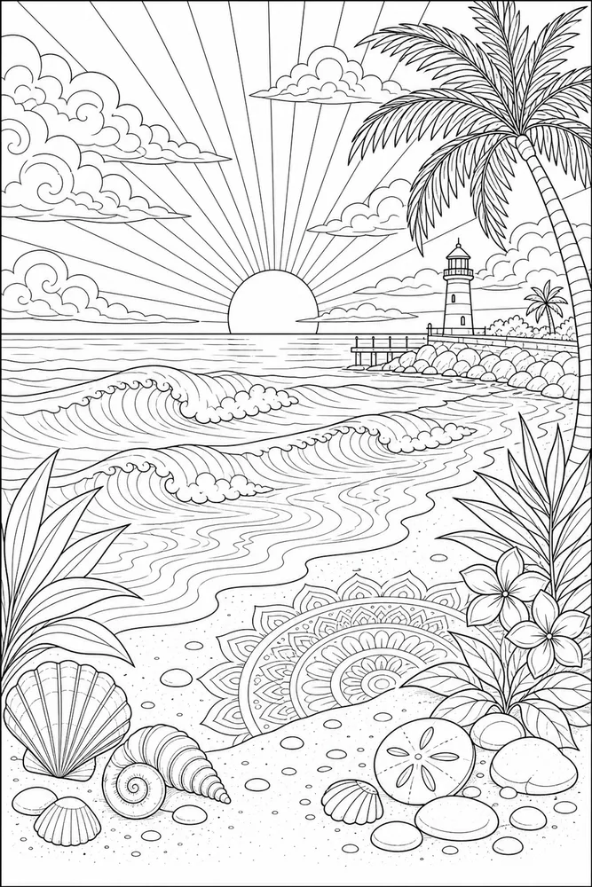 Adult Beach Sunset Waves printable coloring page