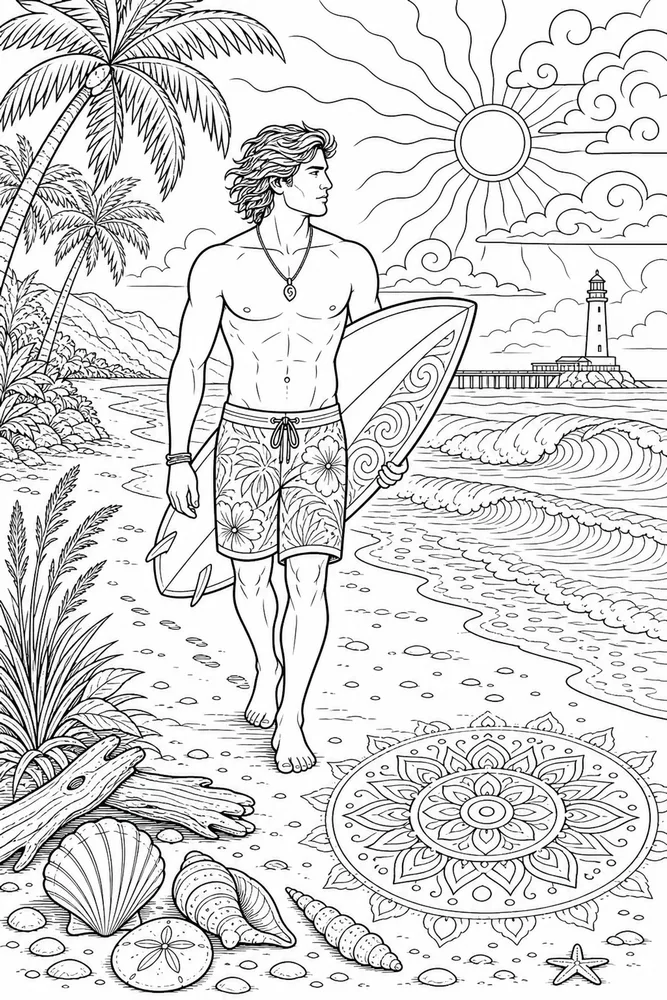 Adult Beach Surfer Walking Beach printable coloring page