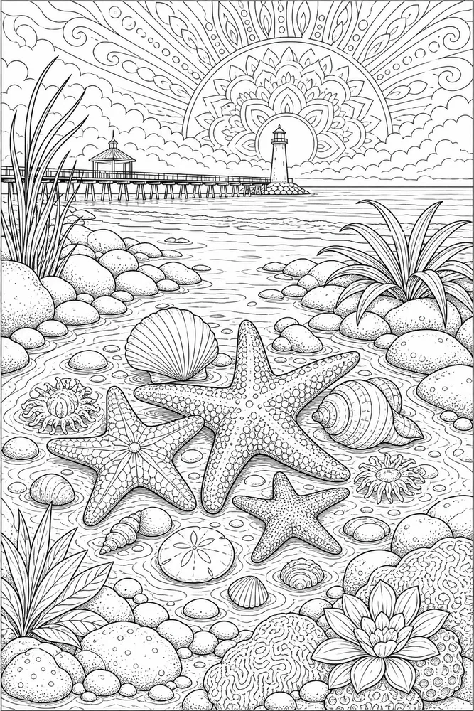 Adult Beach Tide Pool Starfish Shells printable coloring page