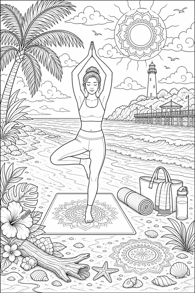 Adult Beach Beach Yoga printable coloring page