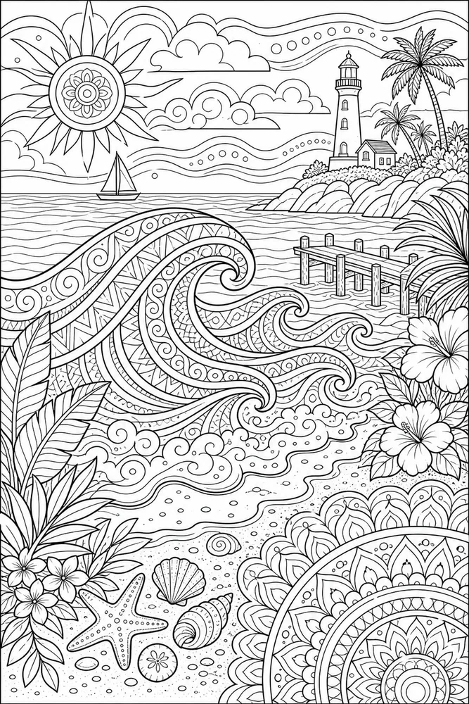 Adult Beach Zentangle Beach Waves printable coloring page