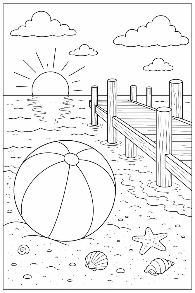 Beach Ball Beach ball sunset pier coloring page