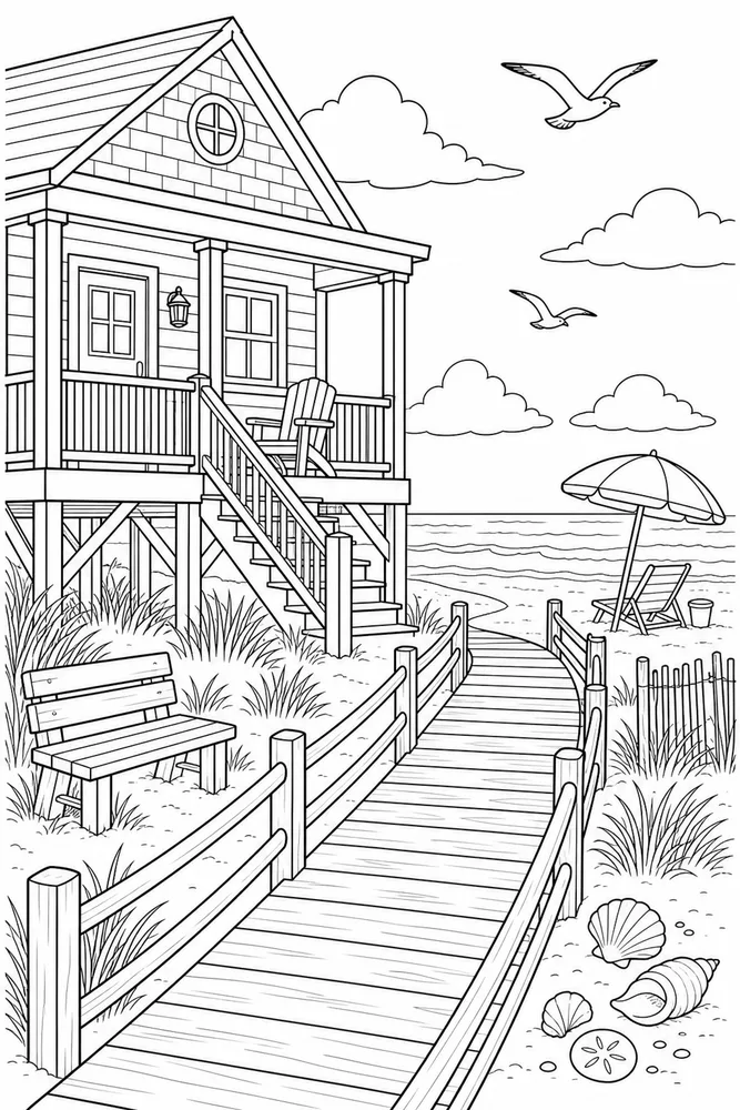 Beach House Beach house boardwalk scene coloring page