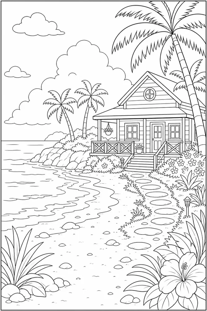 Beach House Beach house palm tree cove coloring page