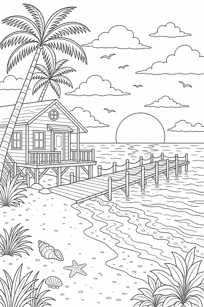 Beach House Beach house sunset pier coloring page