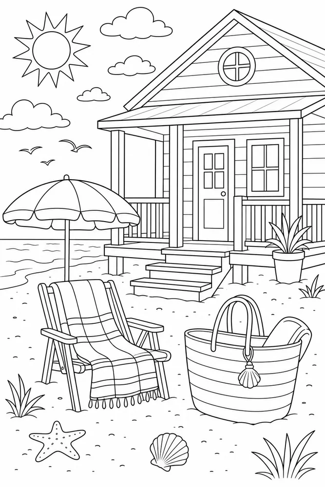 Beach House Beach house towel and bag coloring page