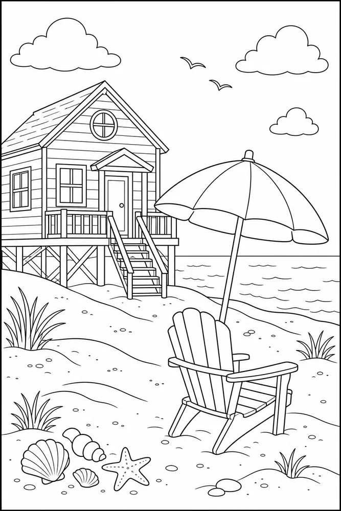 Beach House Beach house umbrella and chair coloring page
