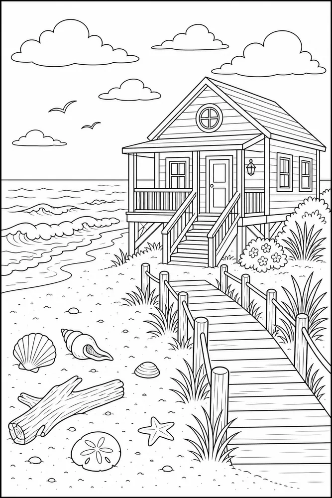 Beach House Beach house wave shoreline coloring page