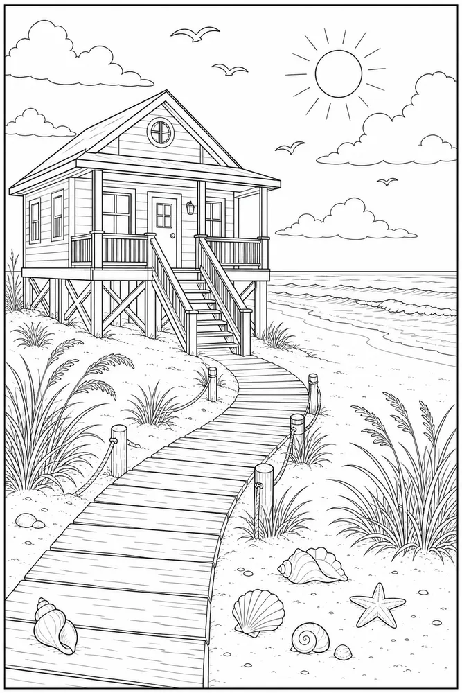 Beach House Coloring Pages preview: Beach House Beach house wide beach view coloring page