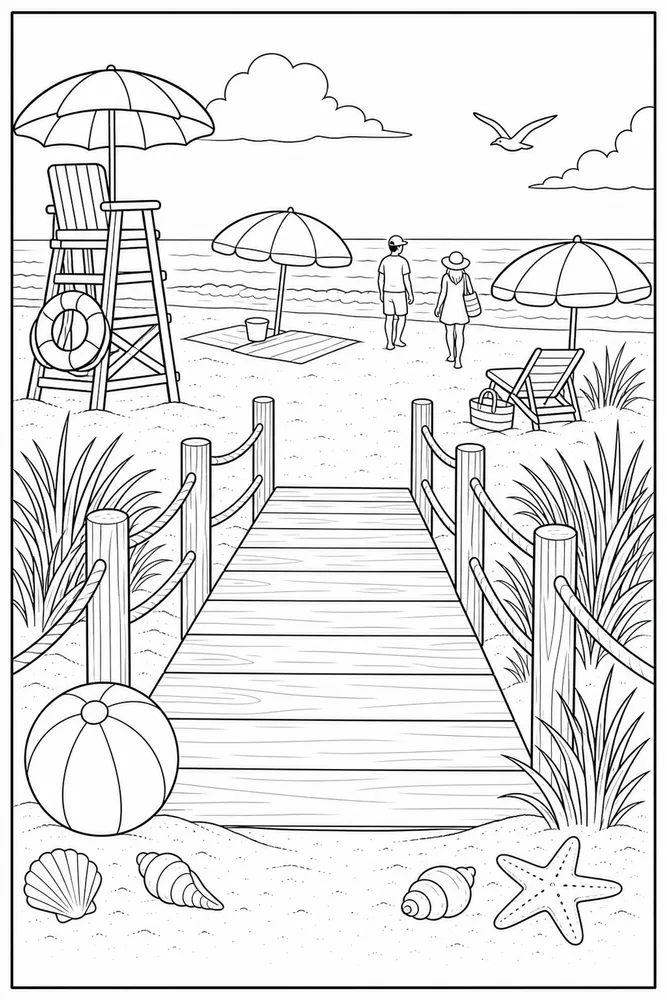 Beach Scene Beach scene boardwalk scene coloring page