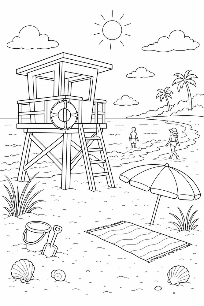 Beach Scene Beach scene lifeguard stand coloring page