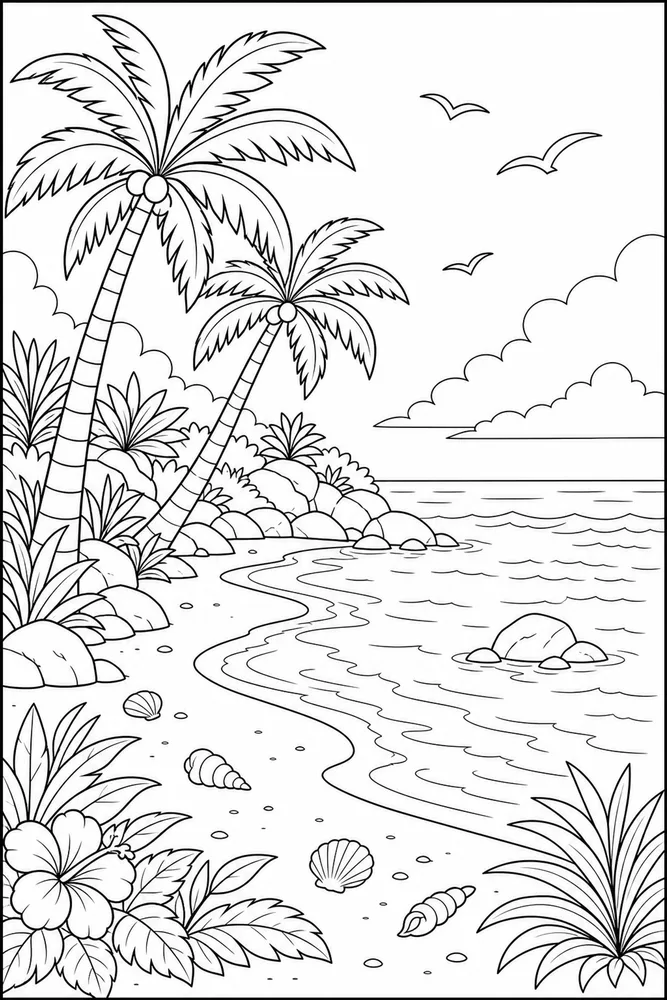 Beach Scene Beach scene palm tree cove coloring page
