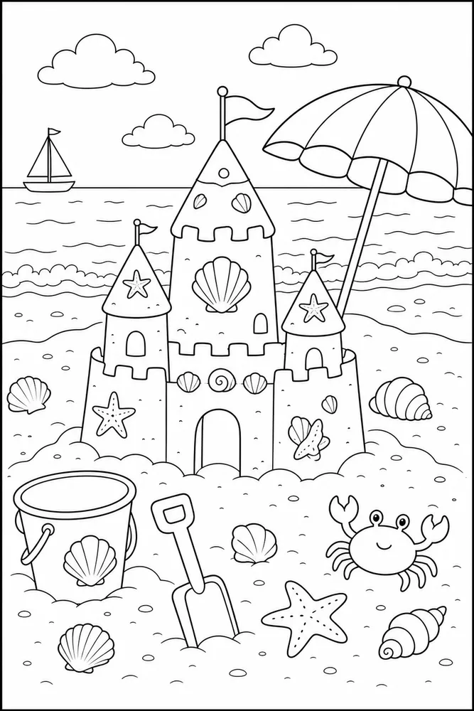 Beach Scene Beach scene sandcastle area coloring page