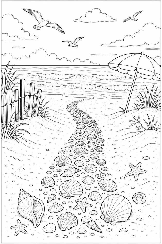 Beach Scene Beach scene shell path coloring page