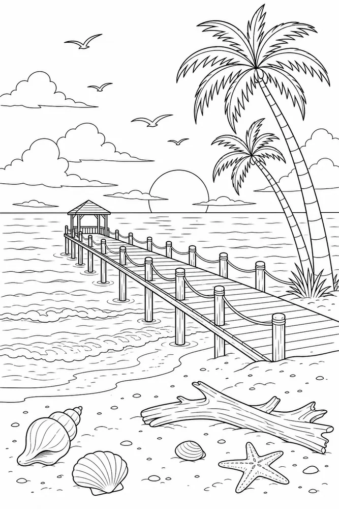 Beach Scene Beach scene sunset pier coloring page