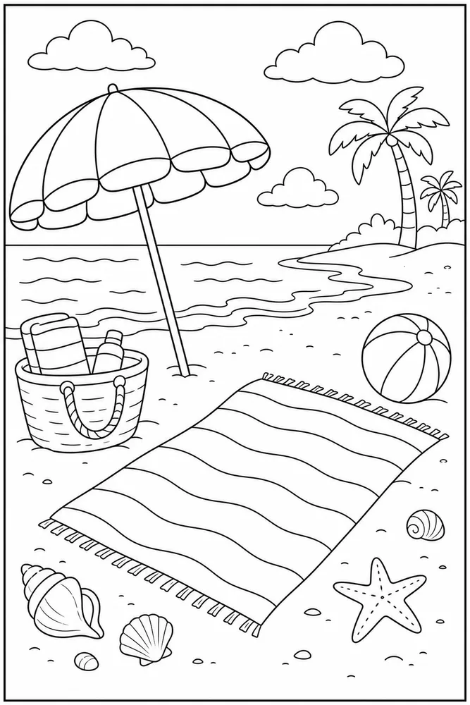 Beach Scene Beach scene towel and bag coloring page