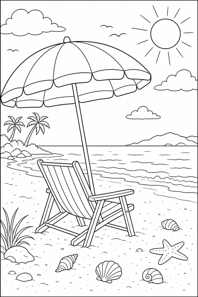 Beach Scene Beach scene umbrella and chair coloring page