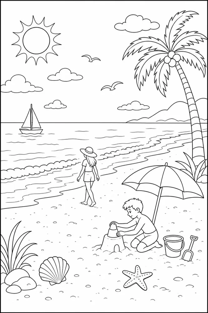 Beach Scene Beach scene wide beach view coloring page