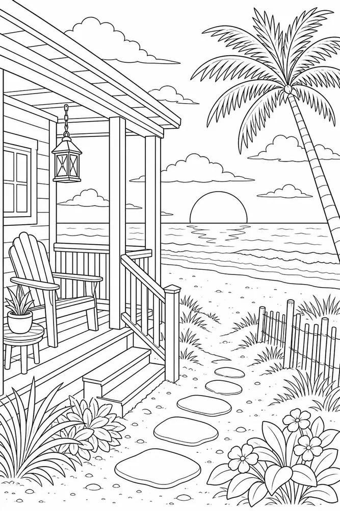 Beach Sunset Beach sunset beach house porch coloring page