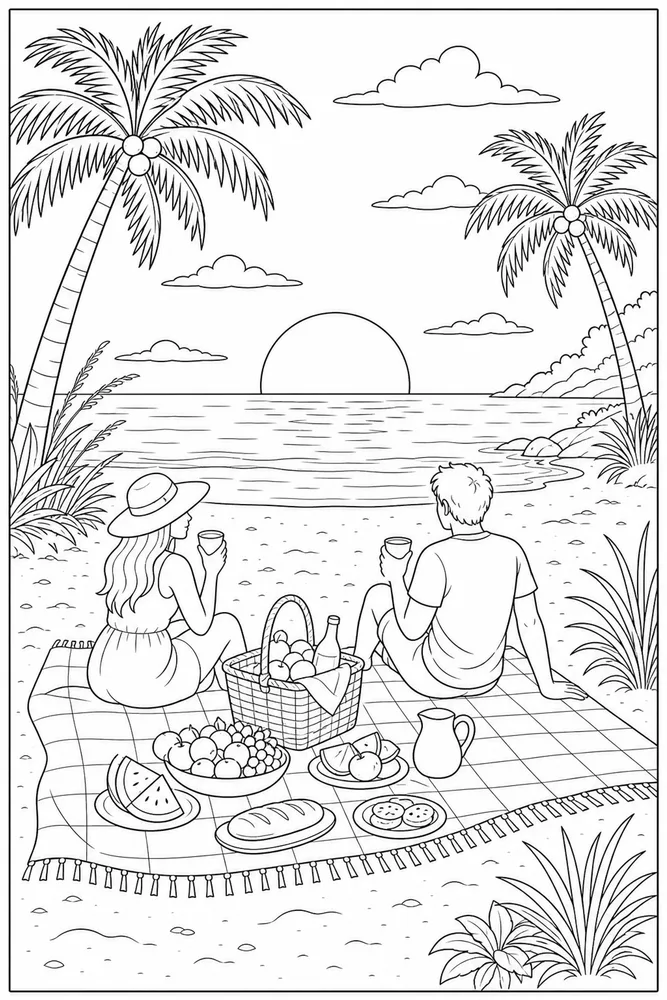 Beach Sunset Beach sunset beach picnic coloring page