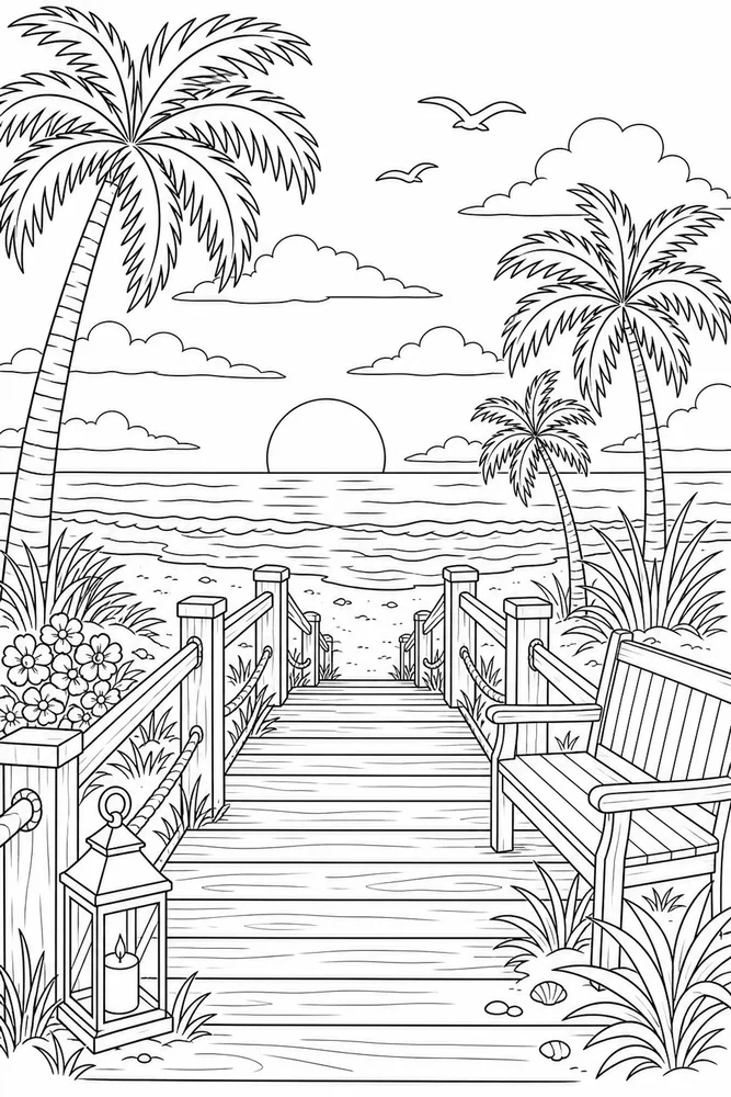 Beach Sunset Beach sunset boardwalk scene coloring page
