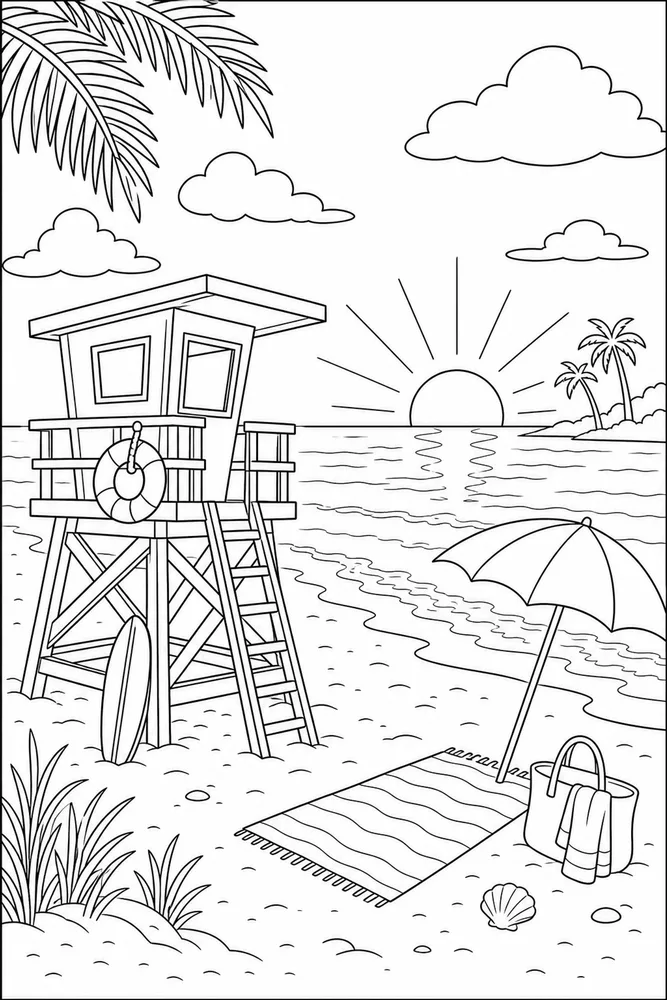 Beach Sunset Beach sunset lifeguard stand coloring page