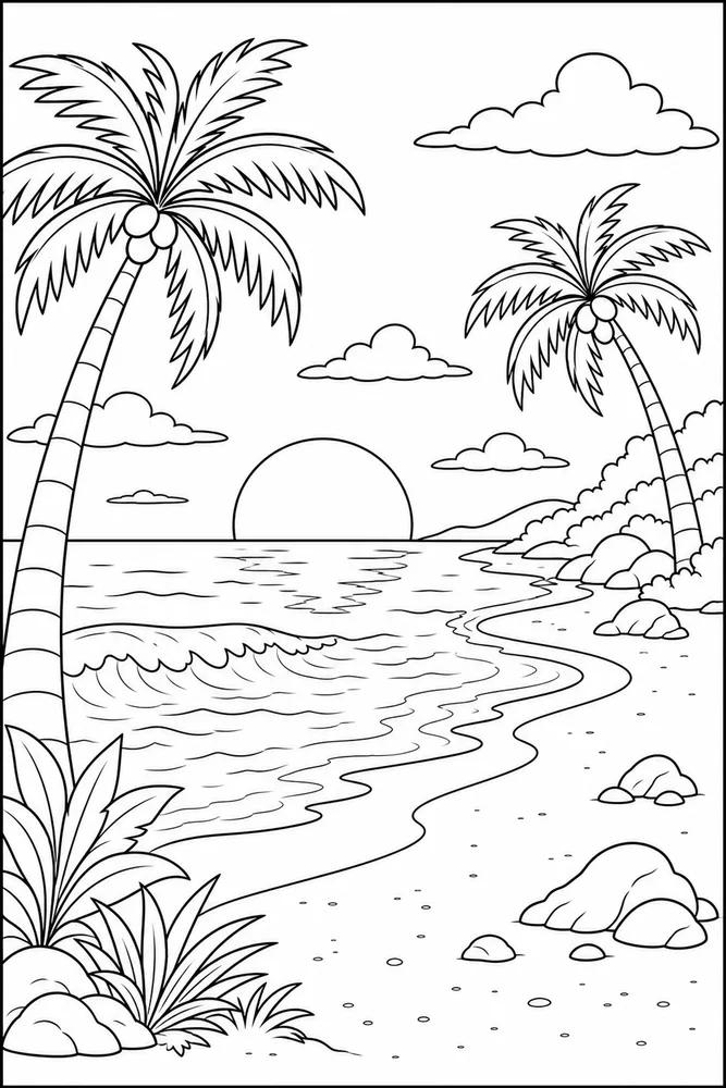 Beach Sunset Beach sunset palm tree cove coloring page