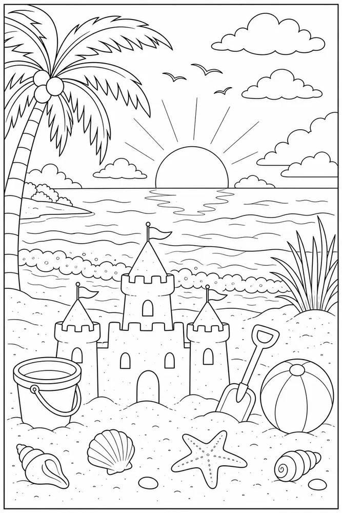 Beach Sunset Beach sunset sandcastle area coloring page