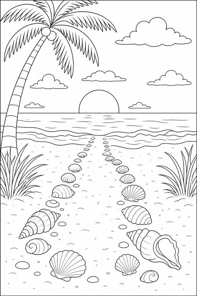Beach Sunset Beach sunset shell path coloring page