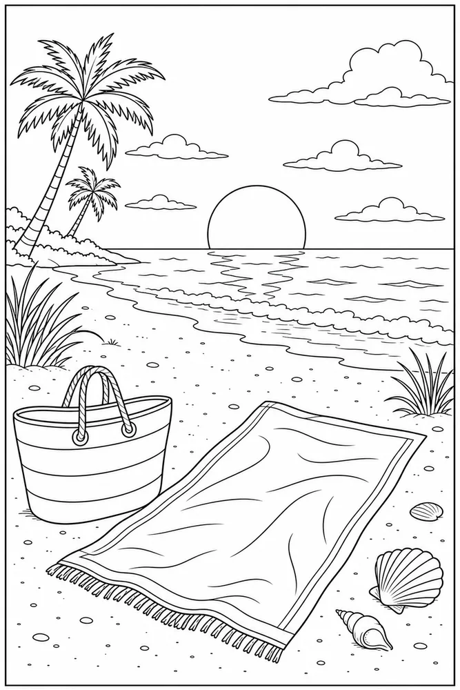 Beach Sunset Beach sunset towel and bag coloring page