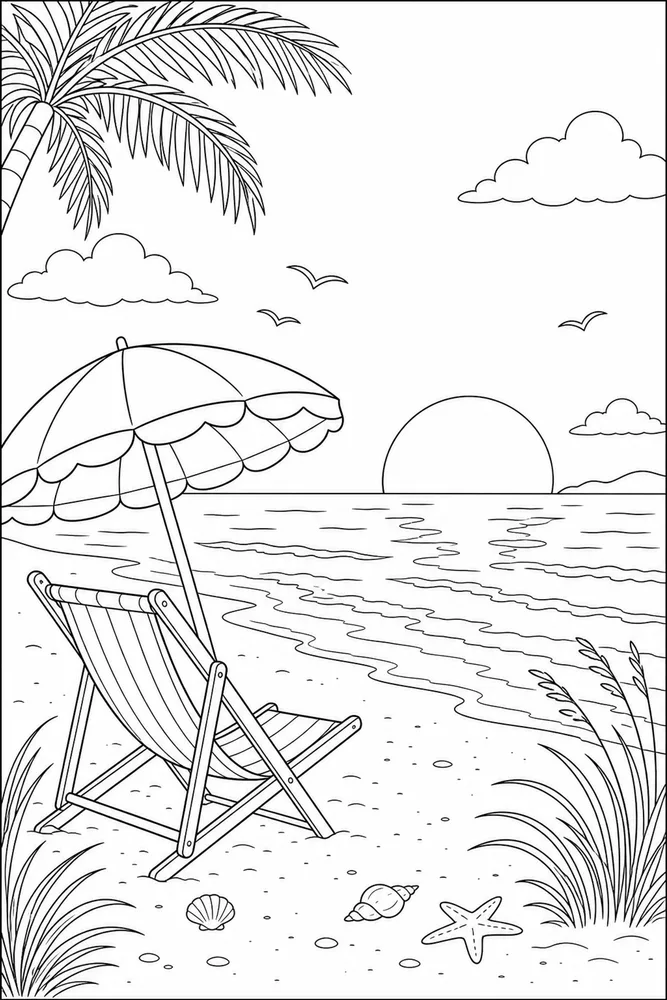 Beach Sunset Beach sunset umbrella and chair coloring page