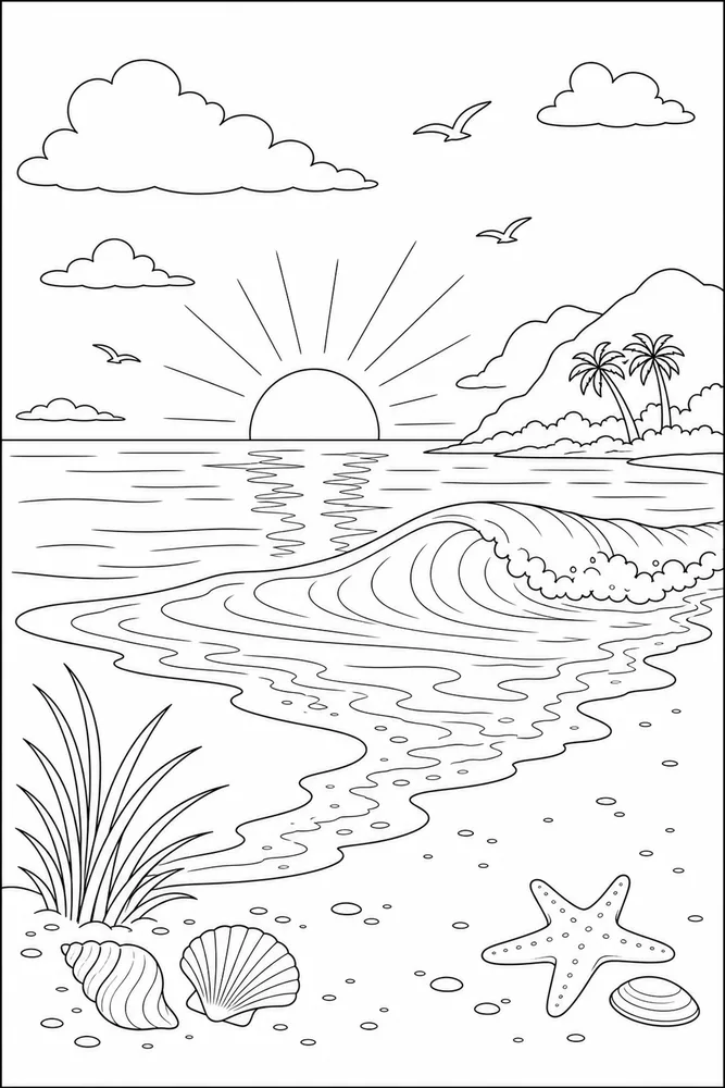 Beach Sunset Beach sunset wave shoreline coloring page