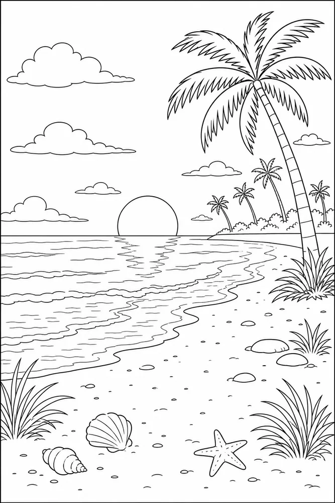 Beach Sunset Coloring Pages preview: Beach Sunset Beach sunset wide beach view coloring page