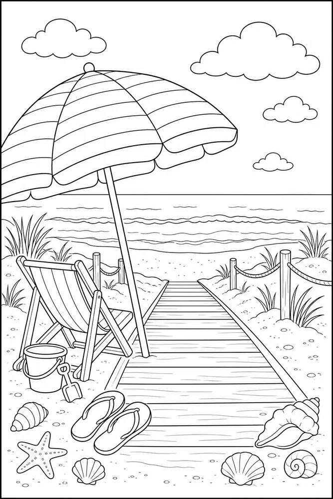 Beach Umbrella Beach umbrella boardwalk scene coloring page