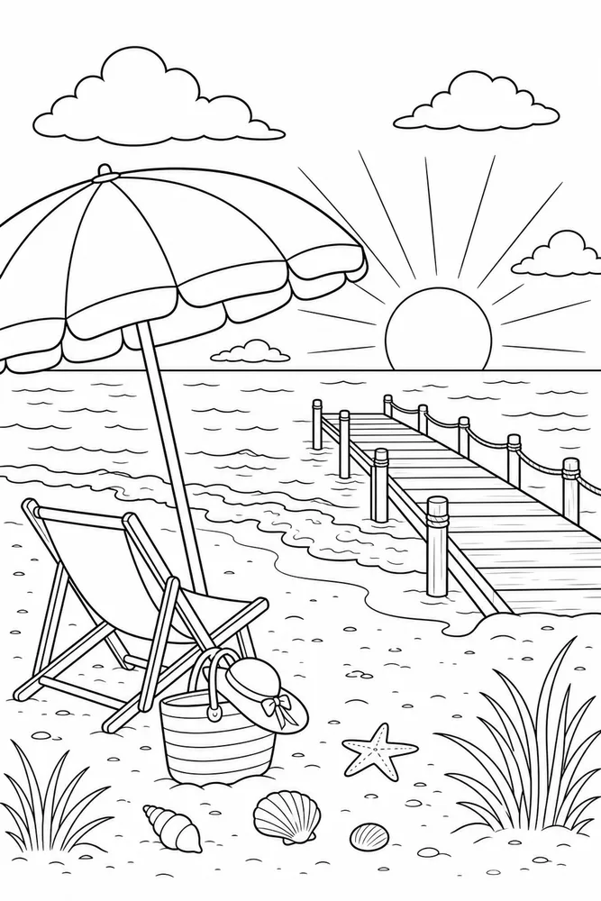 Beach Umbrella Beach umbrella sunset pier coloring page