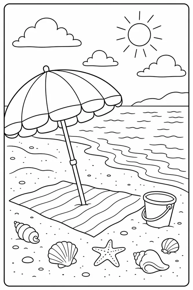 Beach Umbrella Beach umbrella wave shoreline coloring page