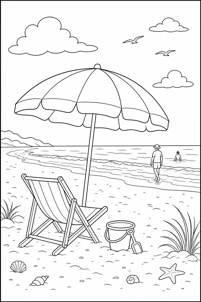 Beach Umbrella Coloring Pages preview: Beach Umbrella Beach umbrella wide beach view coloring page