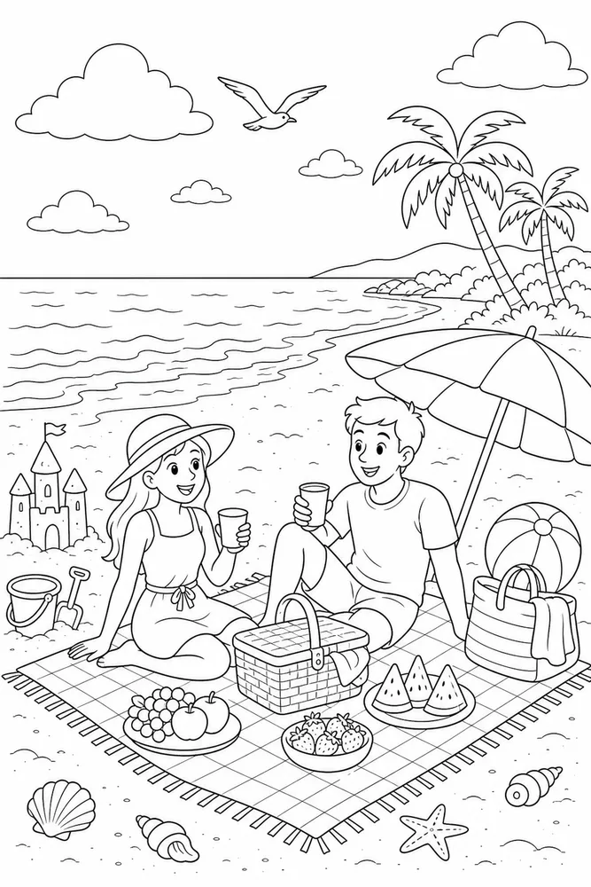 Summer Beach Coloring Pages preview: Summer Beach Summer beach beach picnic coloring page