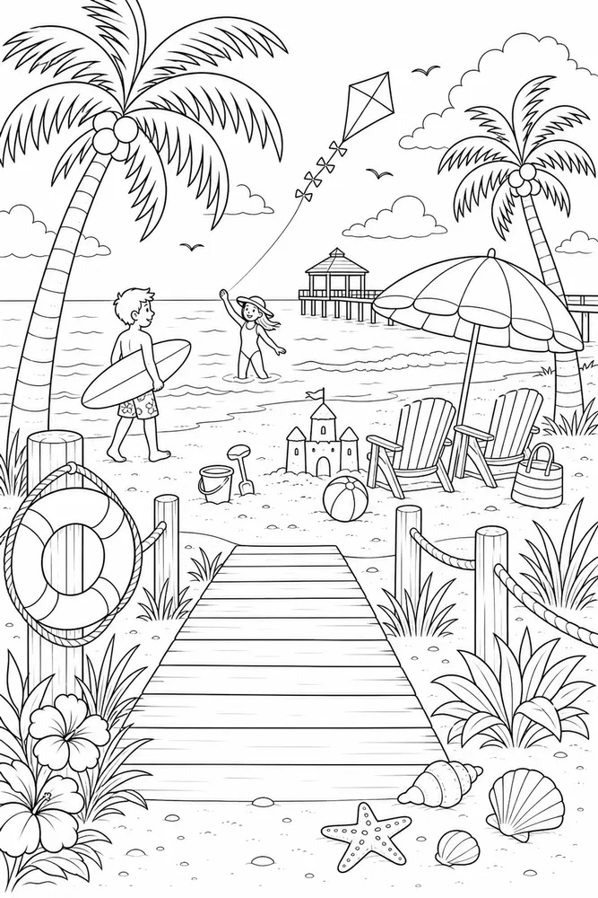 Summer Beach Summer beach boardwalk scene coloring page