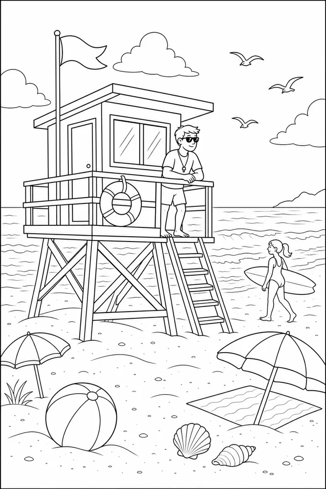 Summer Beach Summer beach lifeguard stand coloring page