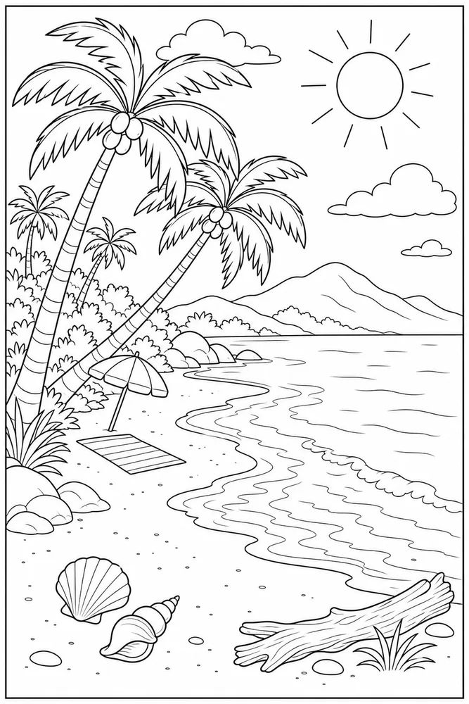 Summer Beach Summer beach palm tree cove coloring page