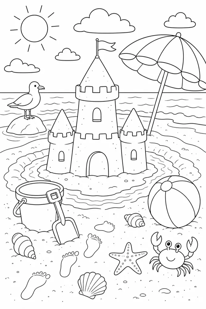 Summer Beach Summer beach sandcastle area coloring page