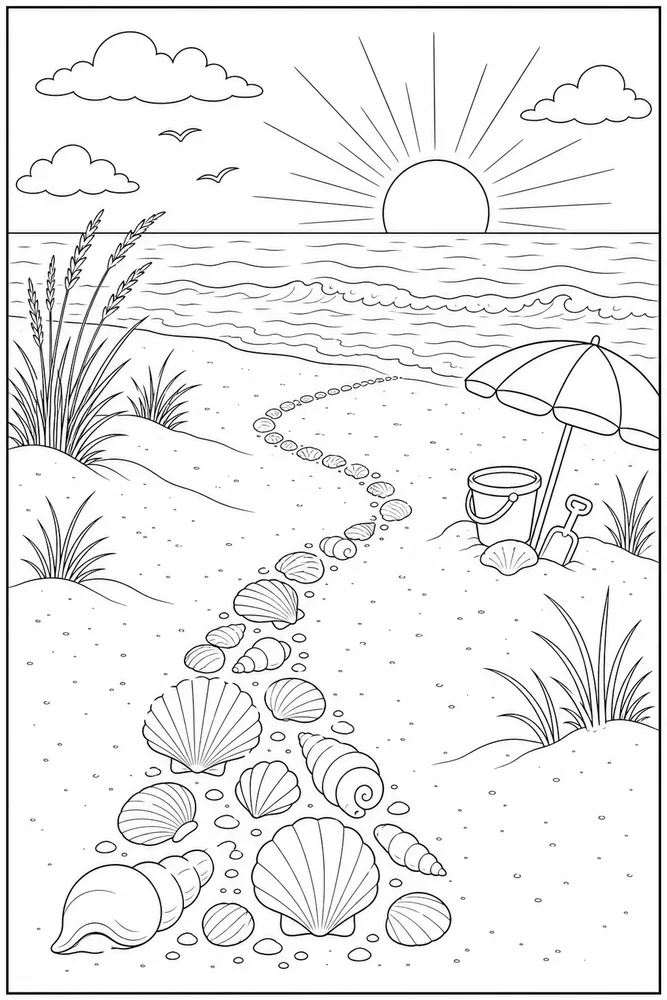 Summer Beach Summer beach shell path coloring page