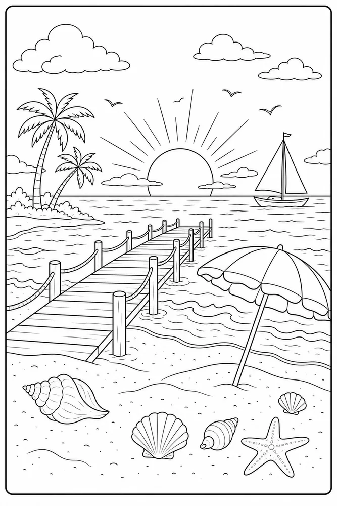 Summer Beach Summer beach sunset pier coloring page