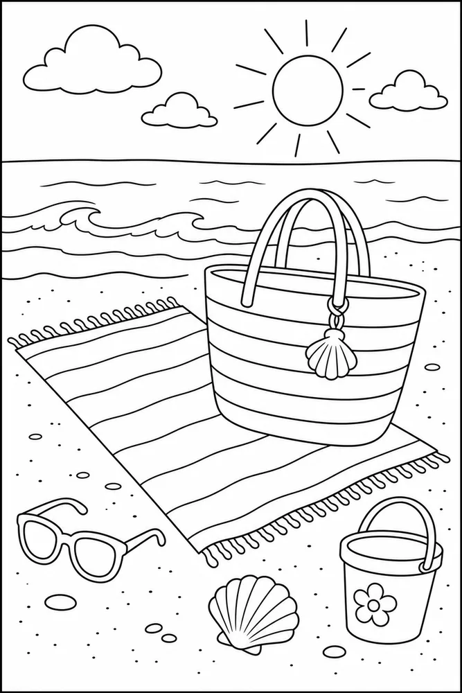 Summer Beach Summer beach towel and bag coloring page